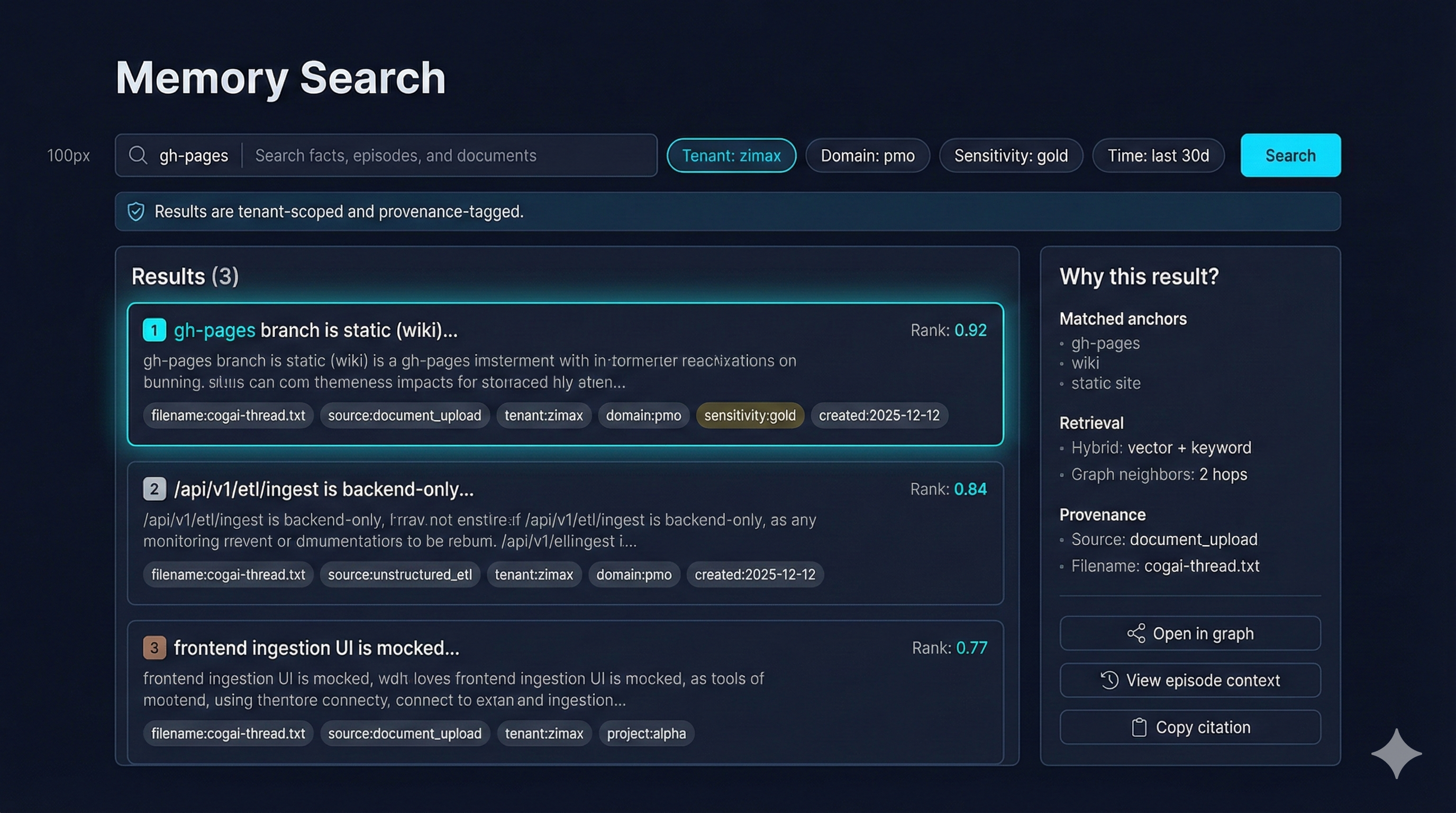 Memory Search with provenance tags